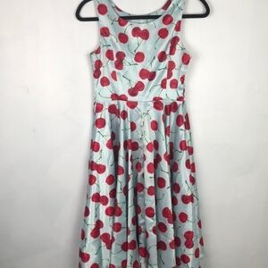 Red Cherry Print Sleeveless Kids Dress - Light Blue